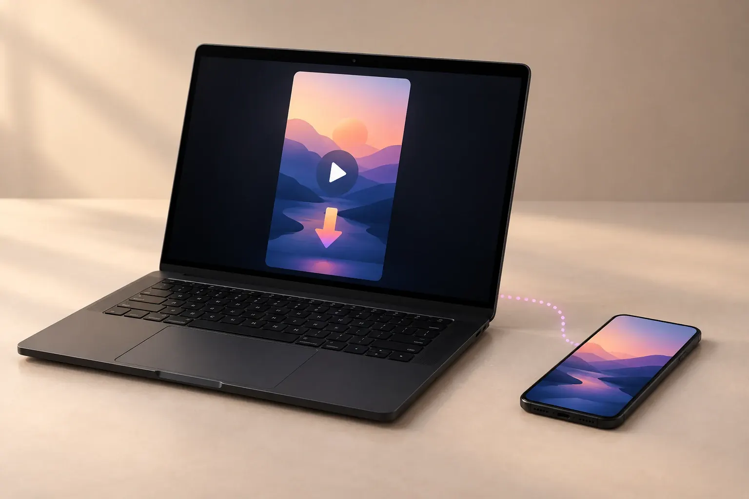 Laptop screen showing an Instagram Reel with a download arrow next to a phone, for downloading Reels on a PC or Mac