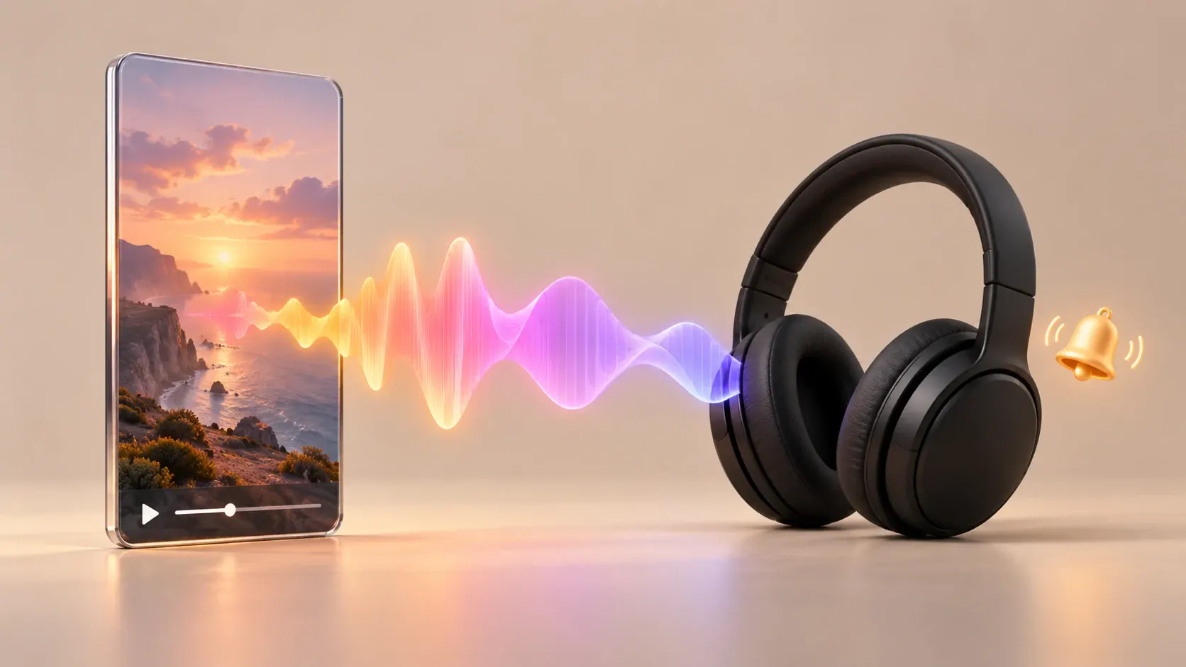 Audio waveform flowing from an Instagram Reel into headphones, showing Reel audio extracted as an MP3 for a ringtone