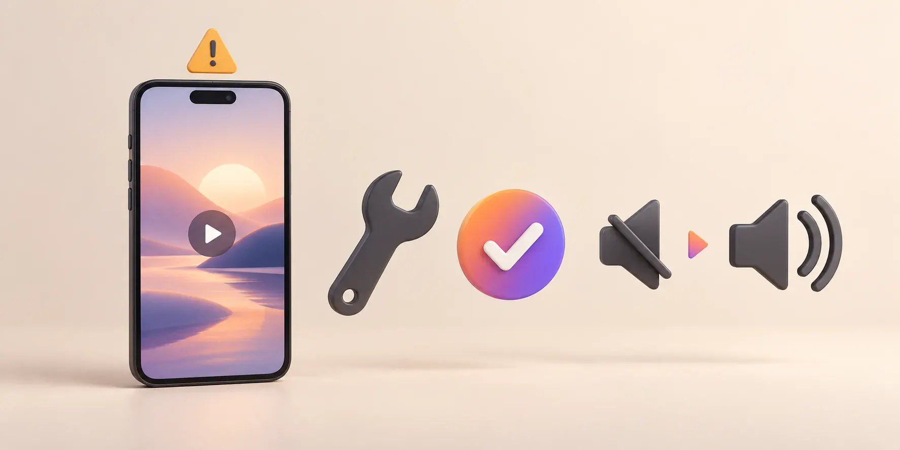 Phone with an Instagram Reel and a warning sign beside a wrench, a checkmark, and a muted speaker turning on, for fixing Reels that will not save