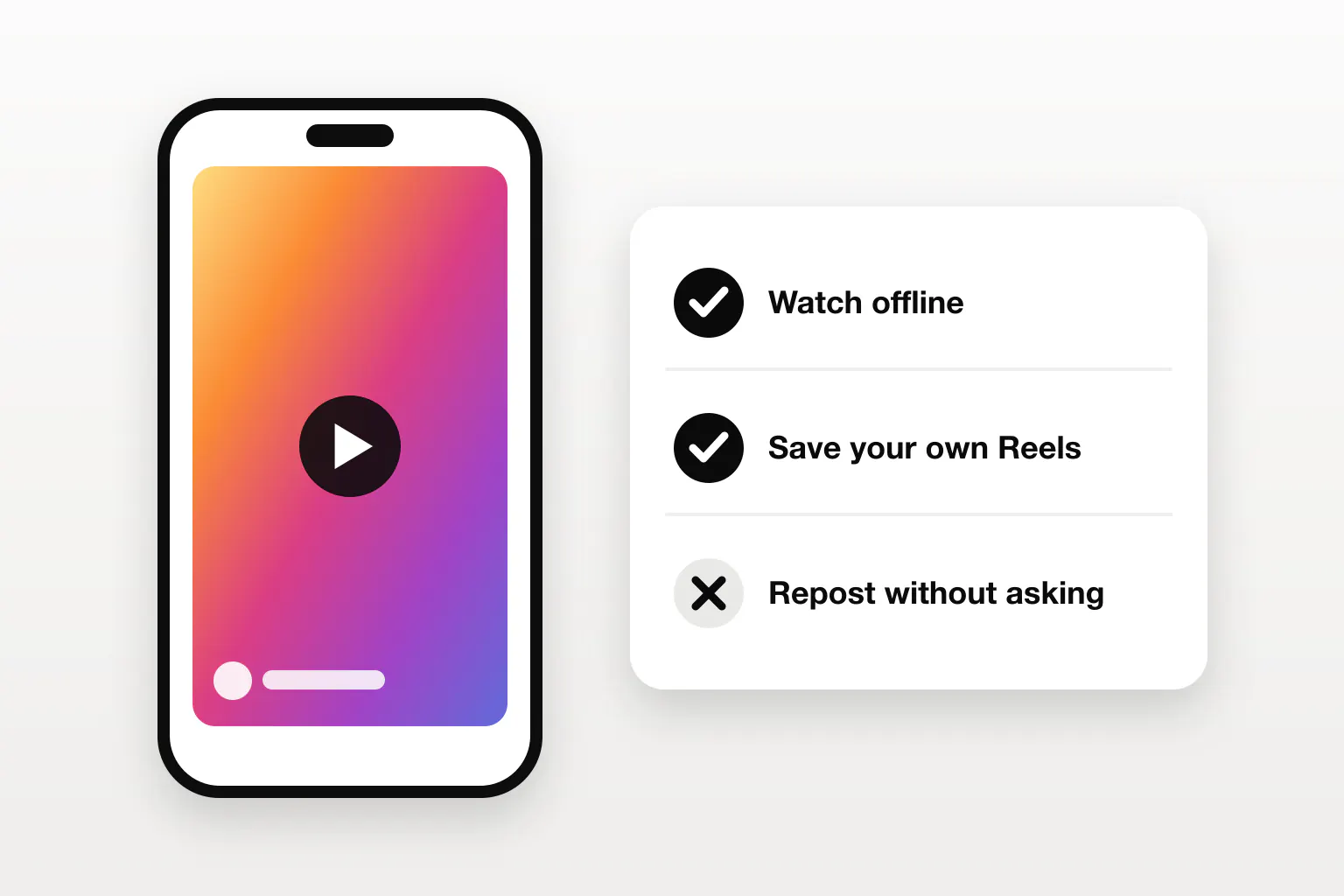 An Instagram Reel next to a checklist comparing saving a video to watch offline with reposting it