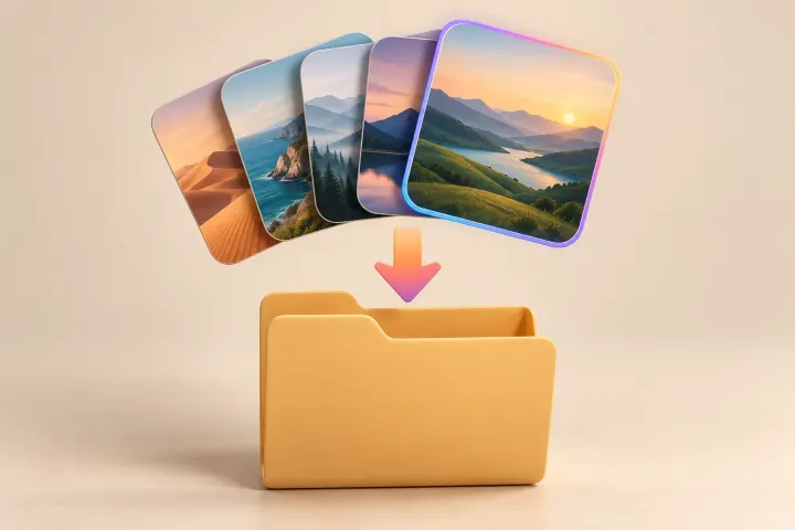 Stack of Instagram carousel photos dropping into a folder, saved as full-quality image files without a screenshot