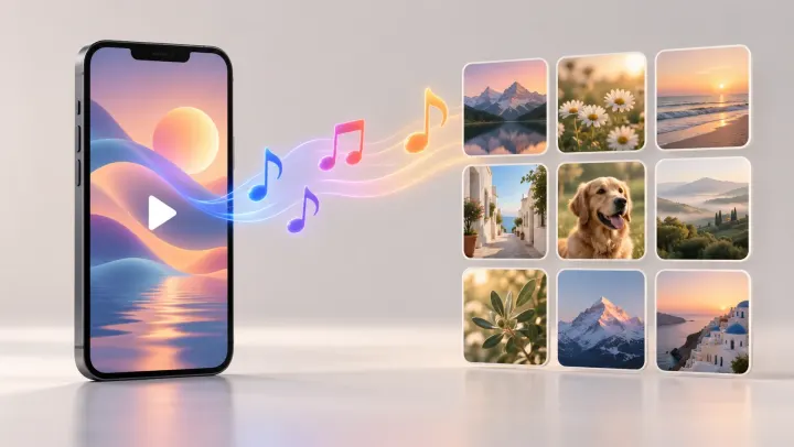 Instagram Reel on a phone with music notes flowing into a photo gallery, showing a Reel saved to the gallery with its music