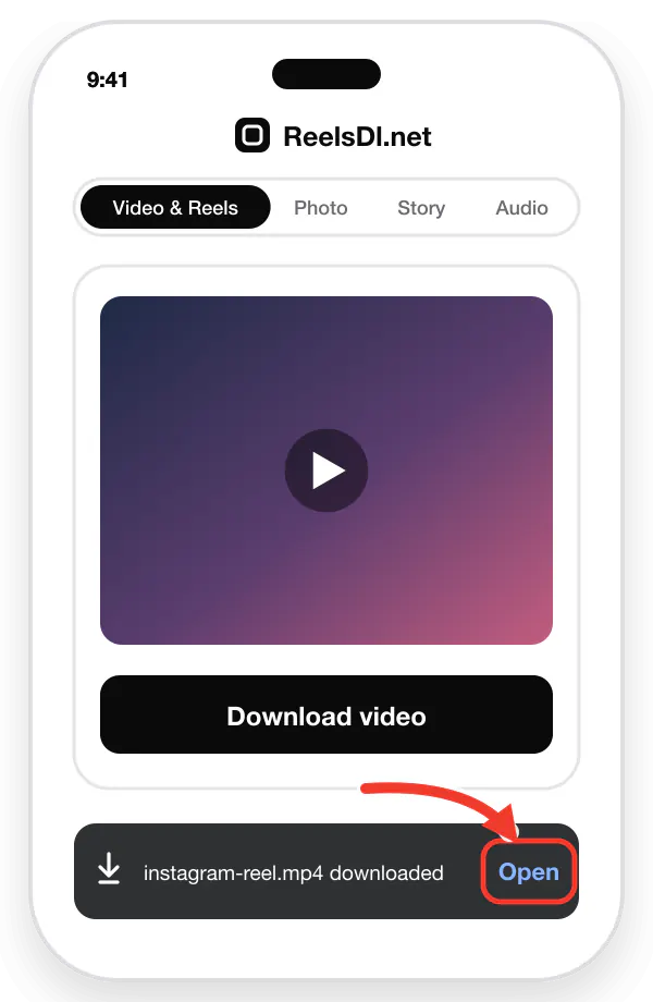 Chrome on Android showing the Instagram video download complete with an Open button