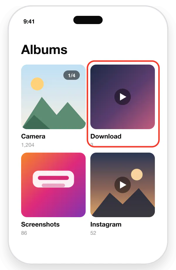 Android Gallery app with the Download album containing the saved Instagram video
