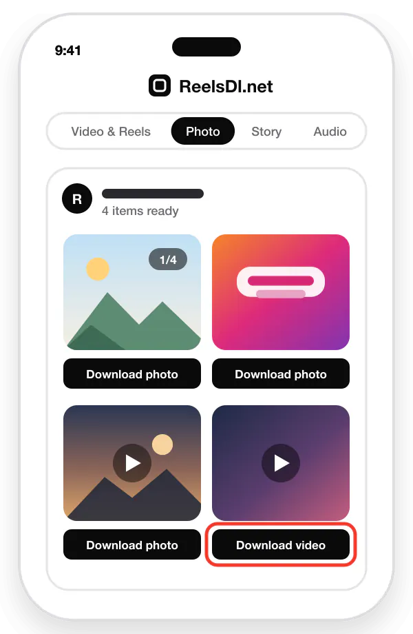Instagram carousel downloaded with ReelsDl.net, every slide listed with its own Download photo button