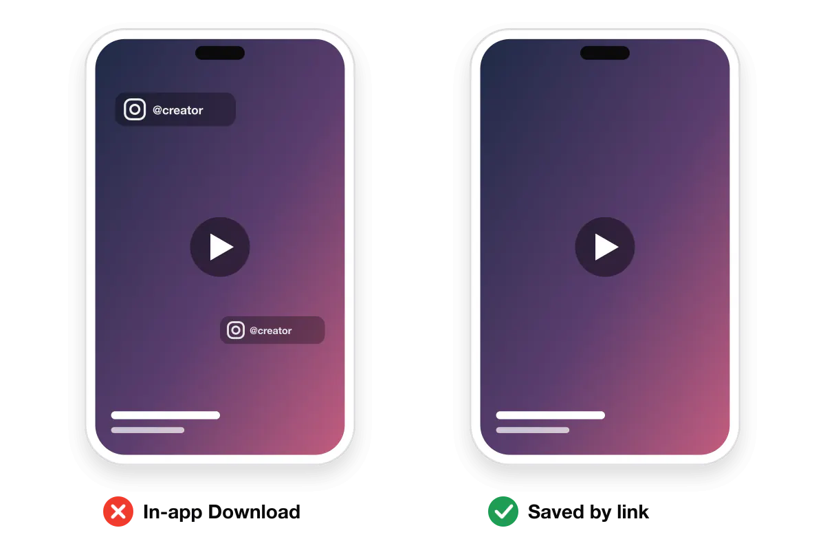 Instagram Reel saved with the in-app Download button showing a watermark, next to a clean copy downloaded by link