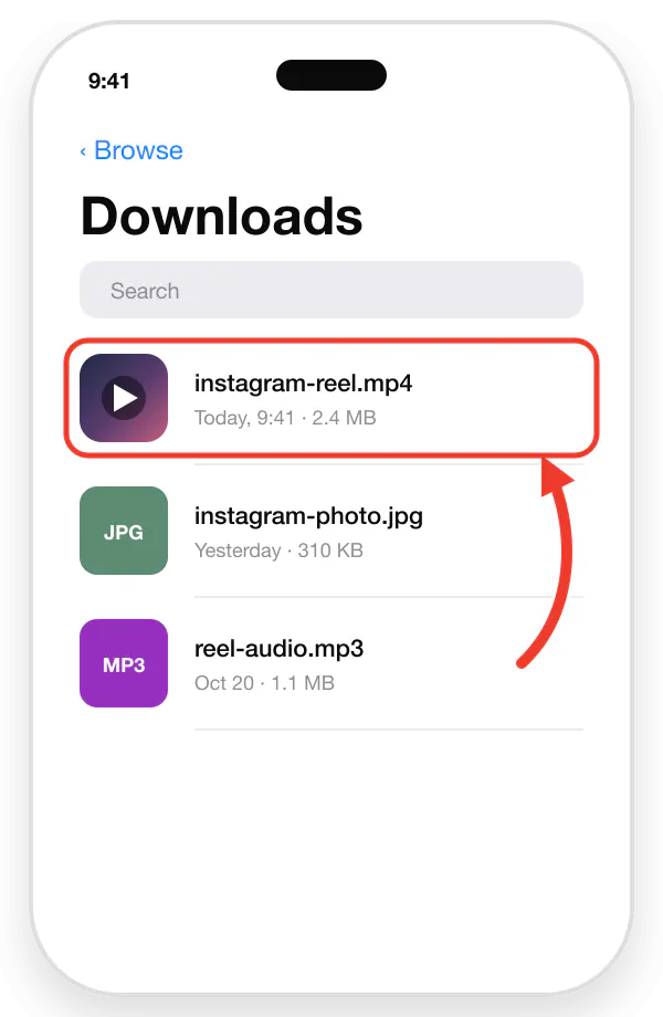 Files app on iPhone showing the downloaded Instagram video in the Downloads folder