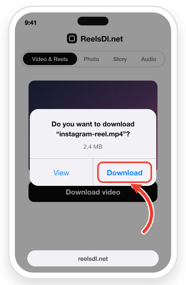 Safari on iPhone asking to download the Instagram video, with the Download button highlighted