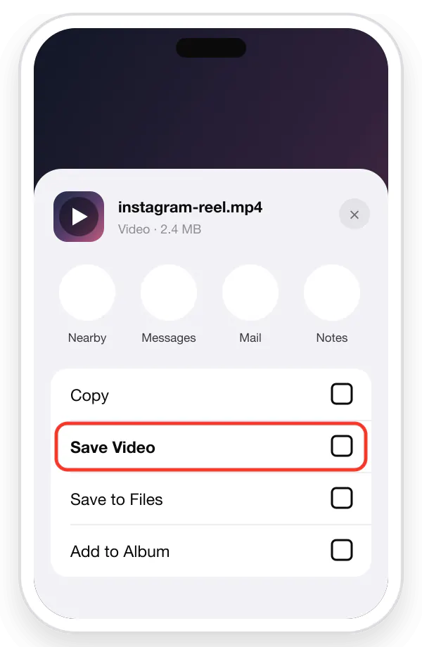 iPhone share sheet with Save Video highlighted to move the Instagram video to the camera roll