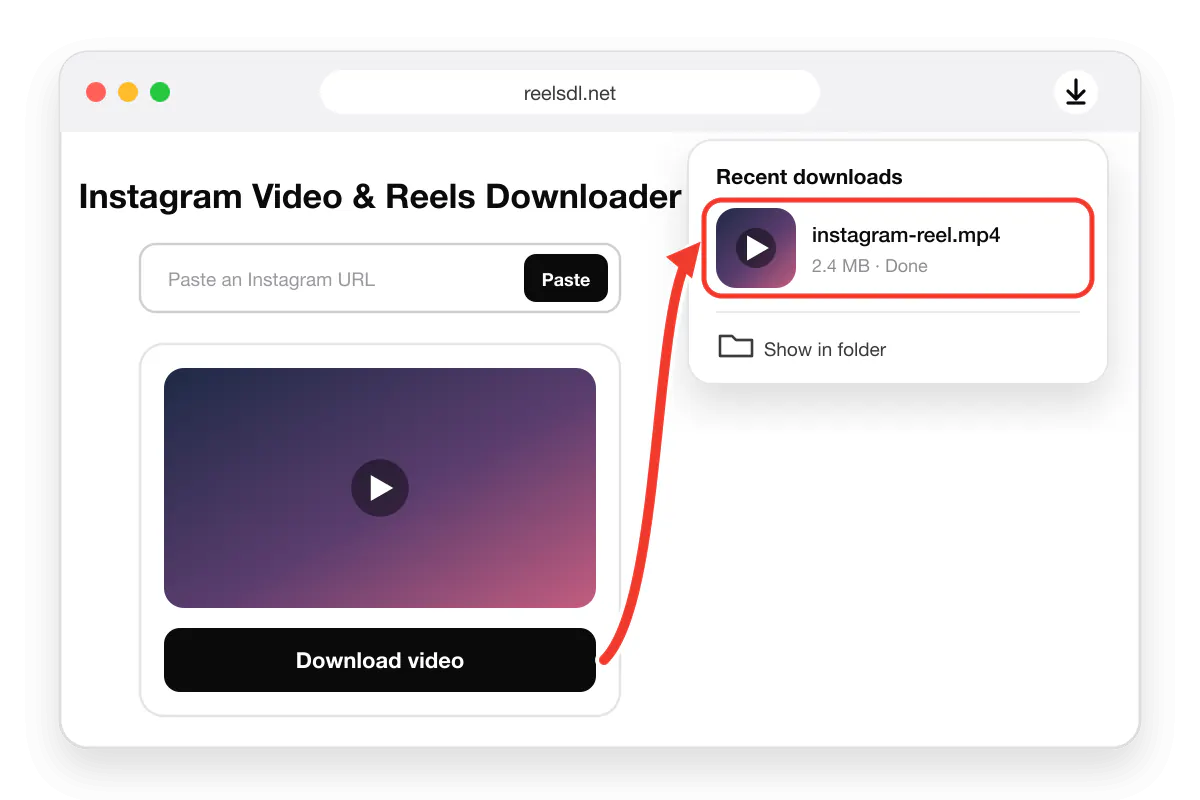 Desktop browser on Windows or Mac showing the downloaded Instagram MP4 in the downloads panel