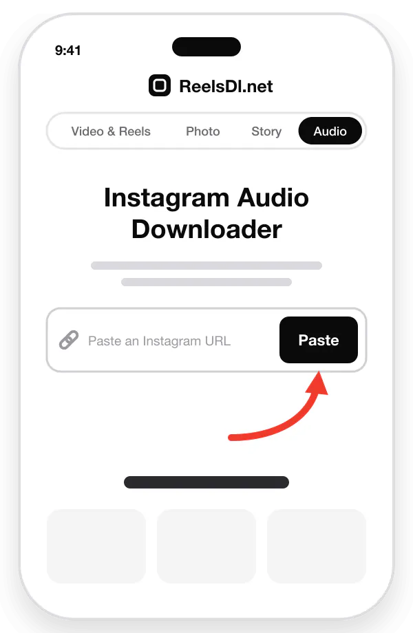 Step 2: paste the copied link into the ReelsDl.net Instagram Audio Downloader and tap Paste